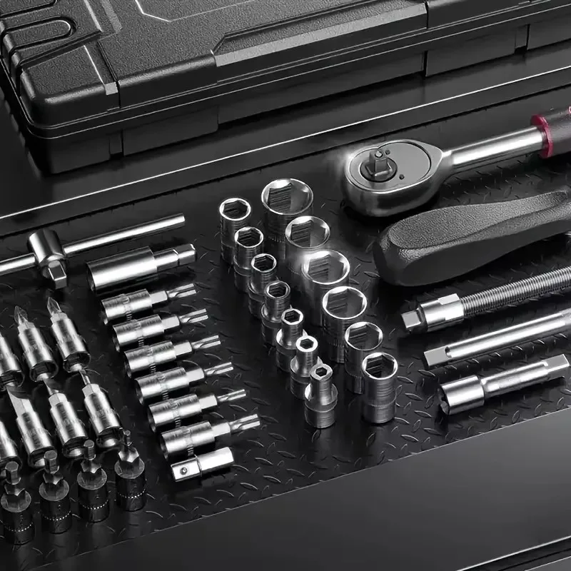 46-teiliger Steckschlüsselsatz aus Chrom-Vanadium-Stahl mit Ratschenhebel, Verlängerungen und Tragetasche für Reparaturen im Auto und zu Hause – Detail 9