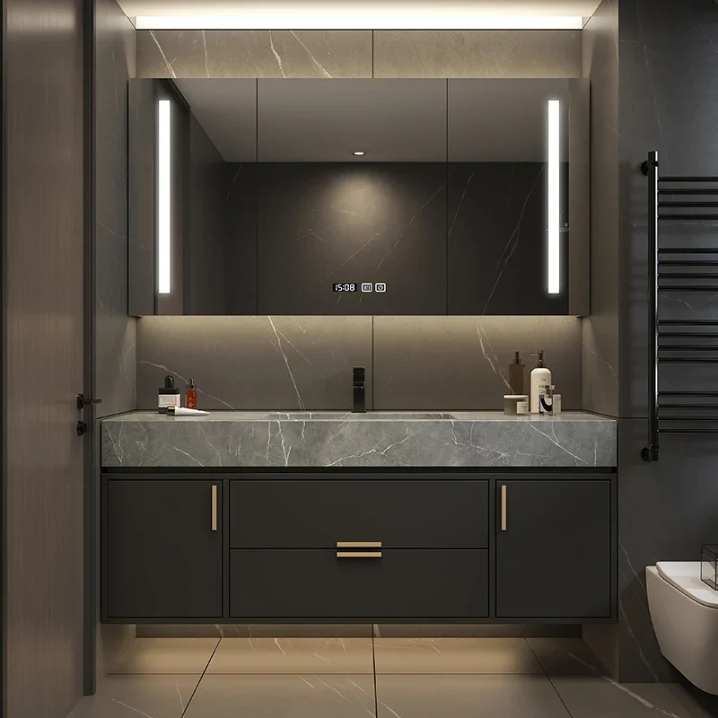 Customized Rock Panel Bathroom Cabinet Integrated Basin, Solid Wood Ceramic Basin Combination
