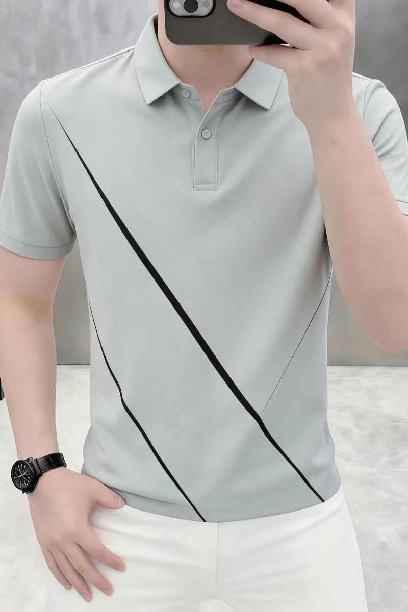 2026 Summer New Style Collarless Polo Shirt Short Sleeve Men's Stretch Loose American Style Youth Summer New T-Shirt Men