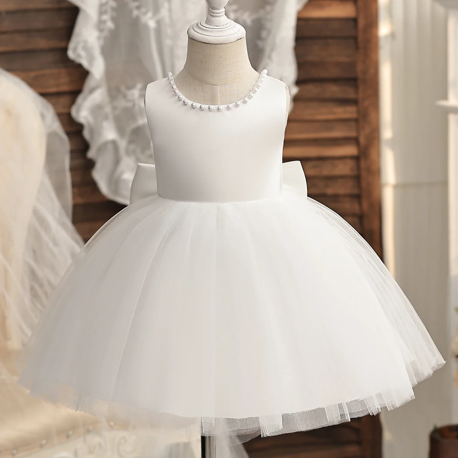 2024 Infant Baby Baptism Dress For Girls Kids Wedding Party Dresses Bow Beaded Tulle Christening Gown Birthday Children Clothes.