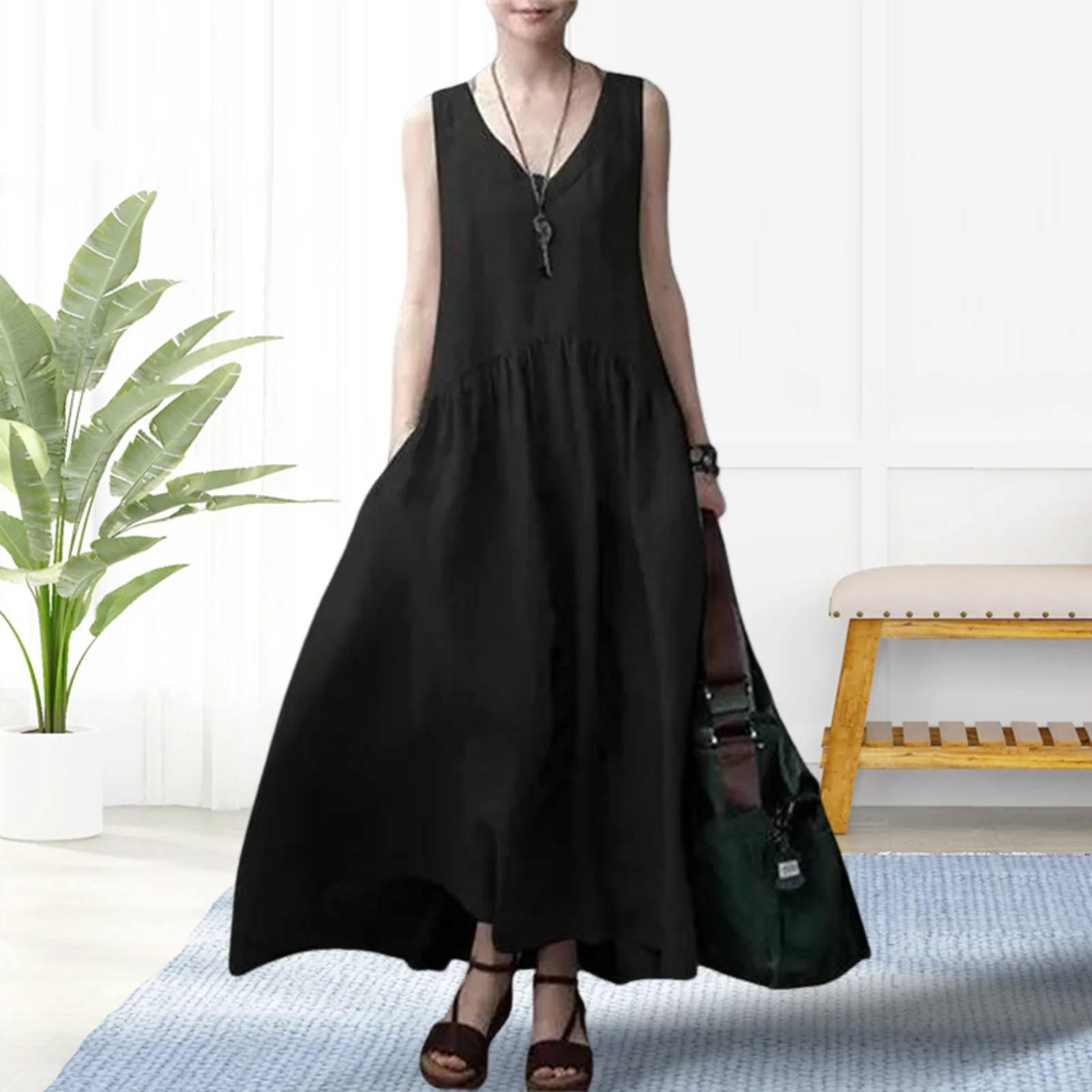 Retro Solid Cotton Linen Pleated Long Dress Woman Spring Fashion V Neck Loose Maxi Dress Summer Sleeveless Tank Boho Beach Dres