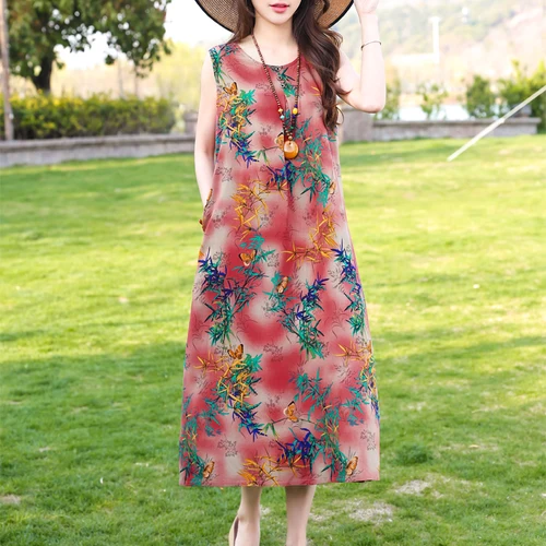 Imagen 2 del producto Nueva moda estilo Casual 2023 vestidos de verano para mujeres con cuello en V bata de algodón mujer Vintage A-line vestido sólido ropa de mujer