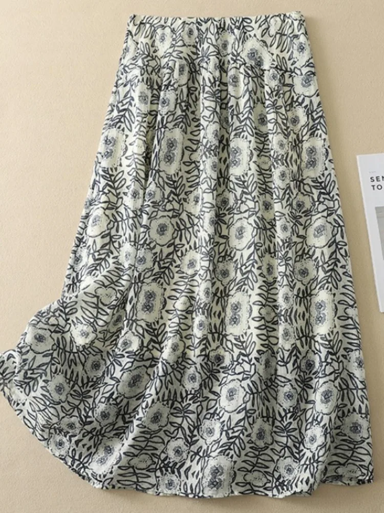 

Ретро легкая женская юбка-миди из хлопка и льна с цветочным принтом, с высокой талией, плиссированная, А-силуэт, расклешенная, с эффектом похудения