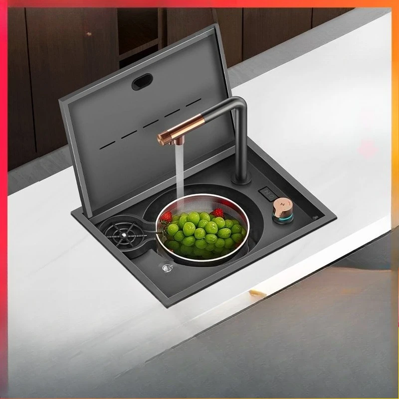 Nano black invisible cover plate square and round sink set cup washer mini small single slot island tea table
