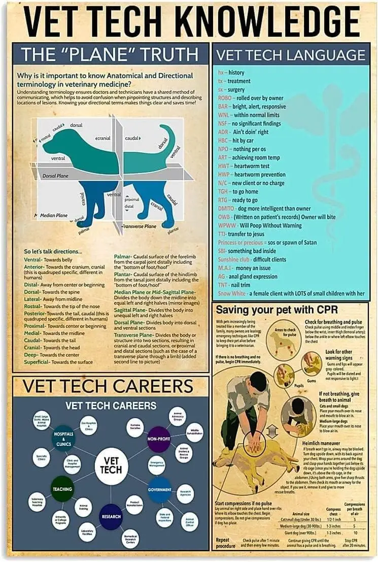 ESETASOT Vintage Tin Sign Vet Tech Knowledge Metal Signs Veterinary Science Guide Poster Office Doctor Home Club Wall Art D sign
