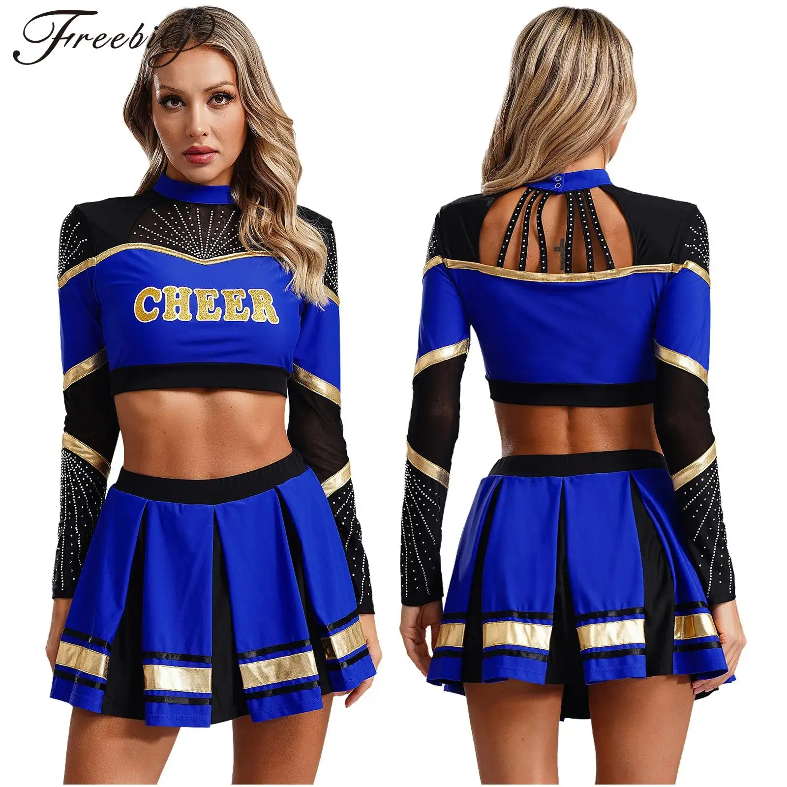 Women Cheerleading Dance Outfit Long Sleeve Shiny Crop Top with Pleated Skirt Schoolgirl Cheer Uniform Sports Meeting Costume