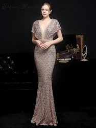 Sexy bodycon maxi black sequin summer dress women elegant luxury fishtail wedding party dress prom long evening dresses vestidos