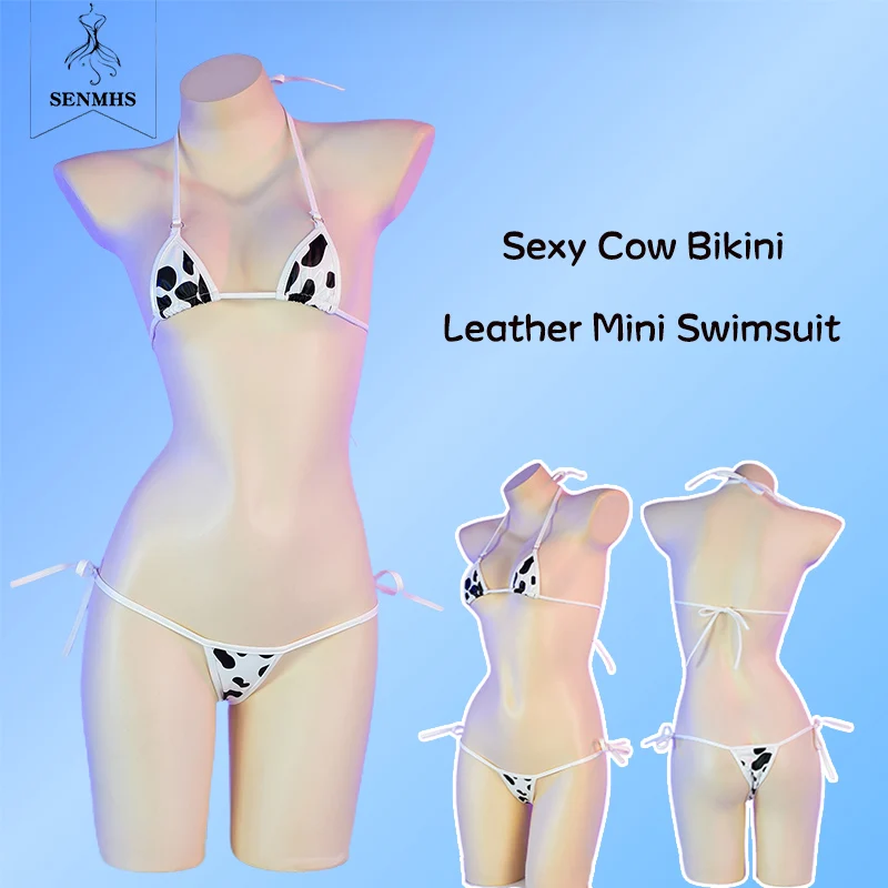 GENMHS-Ensembles de bikini en cuir PU imprimé vache à lait pour femmes, soutiens-gorge licou sexy, mini sous-vêtements animés, culotte cosplay