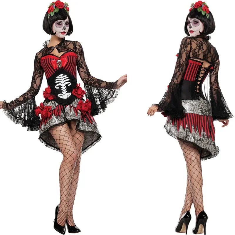 New Adult Skeleton Day of The Dead Costume Women's Sexy Sugar Skull Dia Flower Fairy Halloween ghost vampire bride Fancy Dress