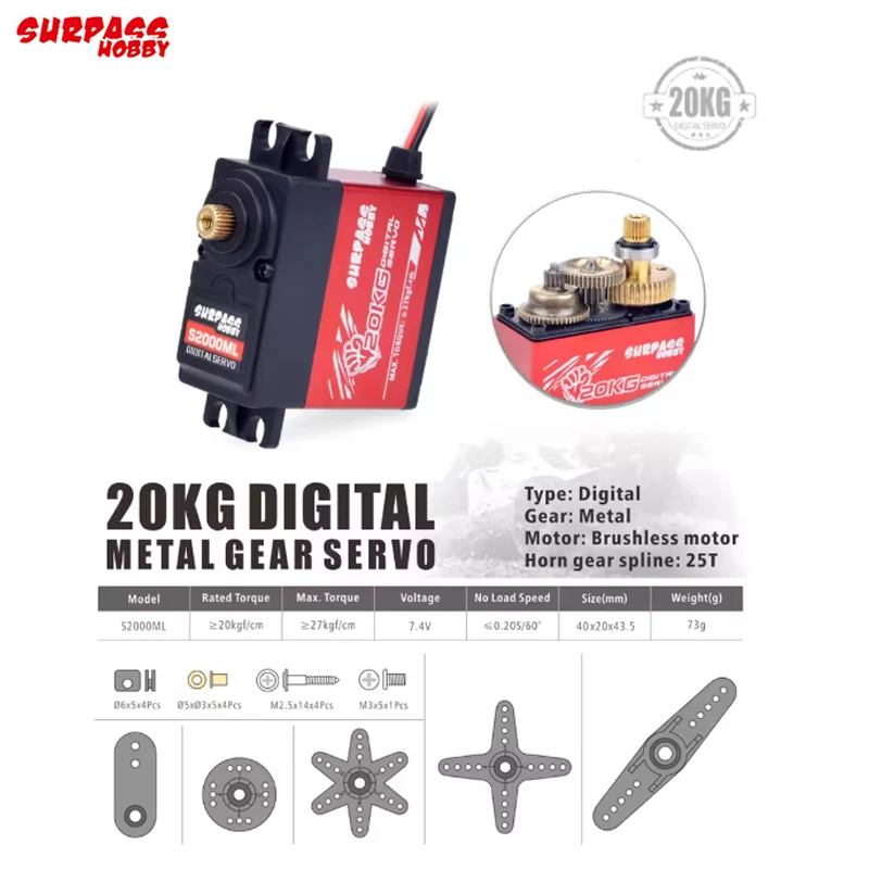 SURPASS Hobby S2000ML 20KG Servo de engranaje de Metal Digital Servo de coche RC para coche de alta velocidad avión barco RC Robot inteligente modelo RC