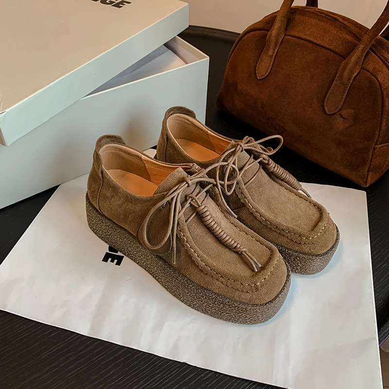Women Shoes Spring Autumn Casual Simple Shoes Natural Suede Square Toe Lace-Up Loafers Woman Handmade Daily Shoes