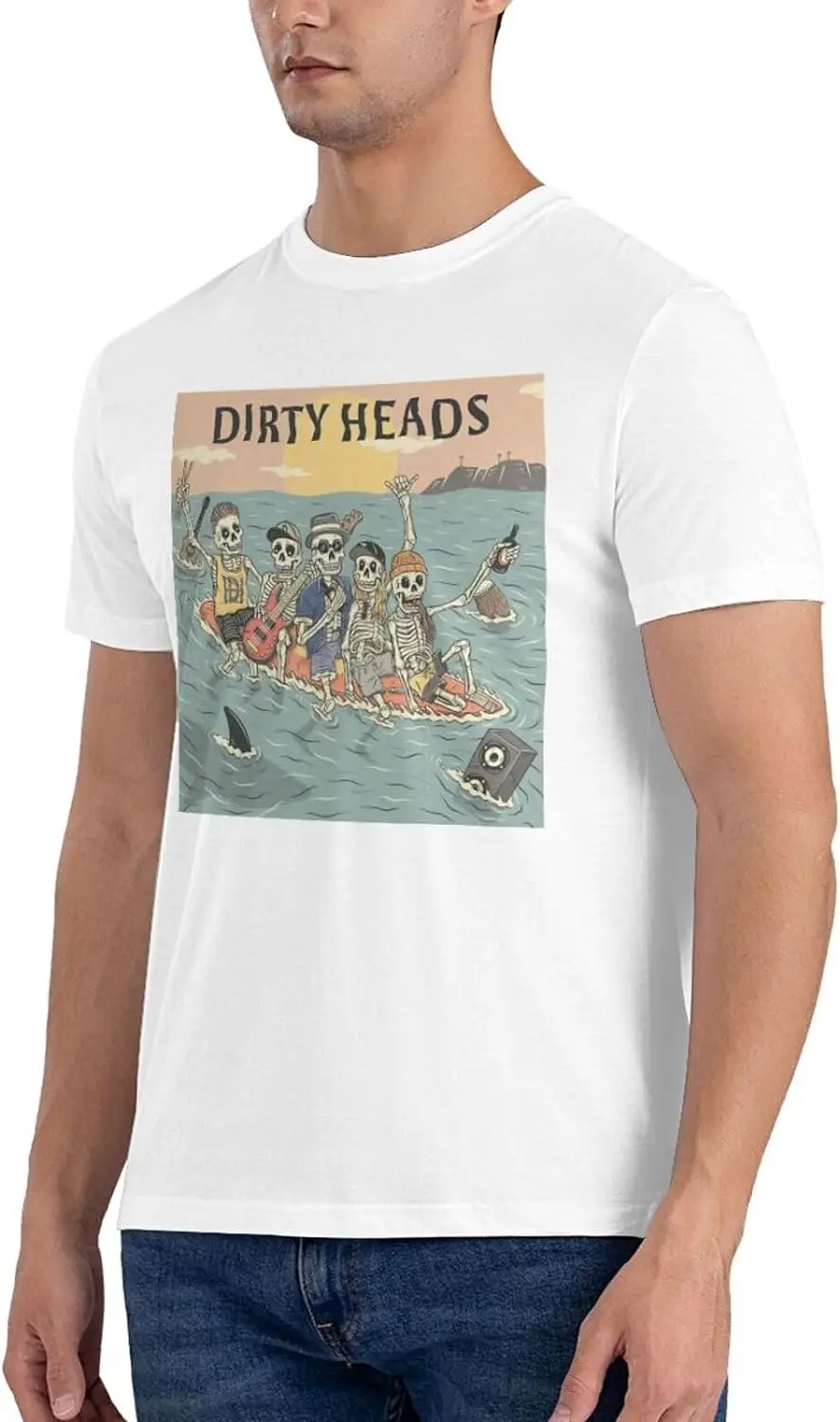 Dirty Band Heads Shirt Men's Double Sided Pattern Printed T-Shirt, Cotton Crew Neck Short Sleeve Tops Black