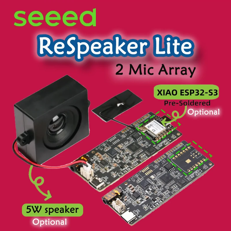 

ReSpeaker Lite 2 Mic Array XIAO ESP32S3 предварительно припаянный/монокорпусный динамик-4R 5 Вт/акриловый корпус опционально, asystent ESPHome,