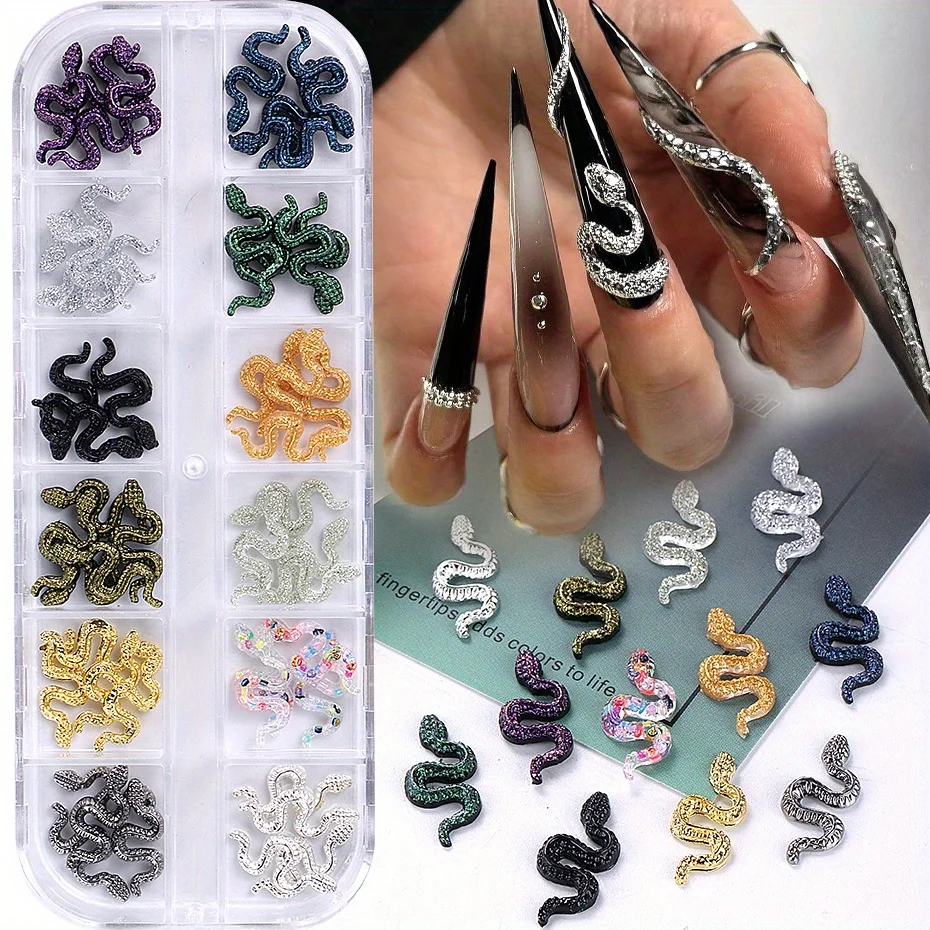 12 Grids Punk Gothic Snake Nail Decoration Charms Resin And Metal Design Shiny Jewelry DIY Halloween Holiday Style Manicure Part