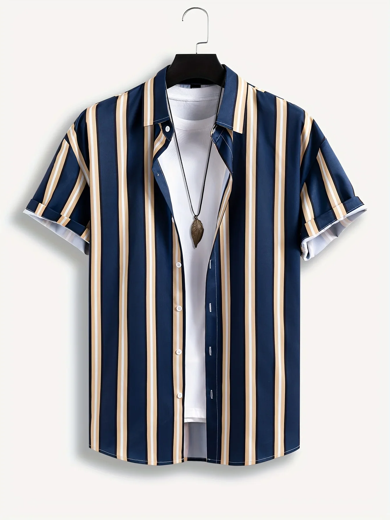 Korea Style Men Hawaii Shirt Classic Navy Beige Striped Wrinkle Resistant Soft Daily Travel Casual Blouse