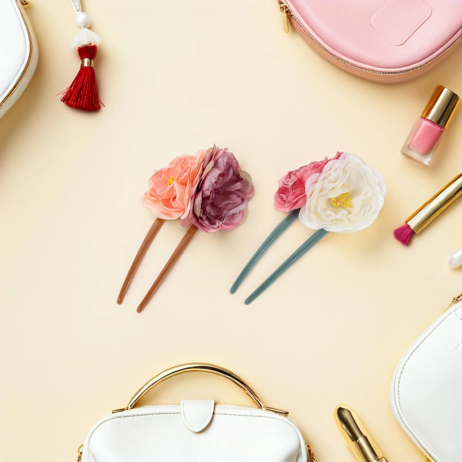 

4 шт., двухцветные вилки для волос из розовой ткани, китайские традиционные U-образные заколки для волос, винтажные держатели для булочек, аксессуары с цветочным принтом