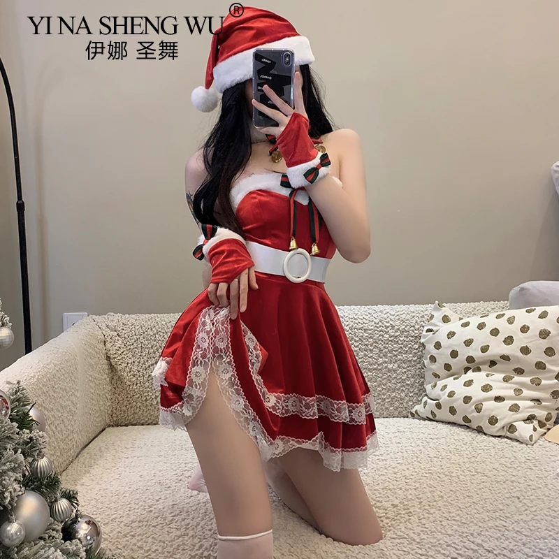 Christmas Sexy Plush Bunny Girl Uniform Cosplay Costume Velvet New Year Red Dress Nightdress RolePlay Outfits Underwear for Girl