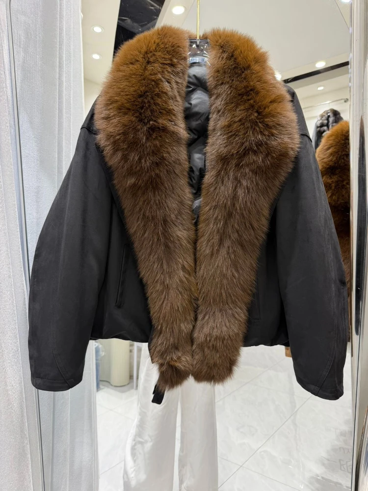 Winter Down Coat Warm Women Cropped Down Parka Oversized Real Fox Fur Jacket Lapel Collar Loose Fit Outerwear for Casual Looks