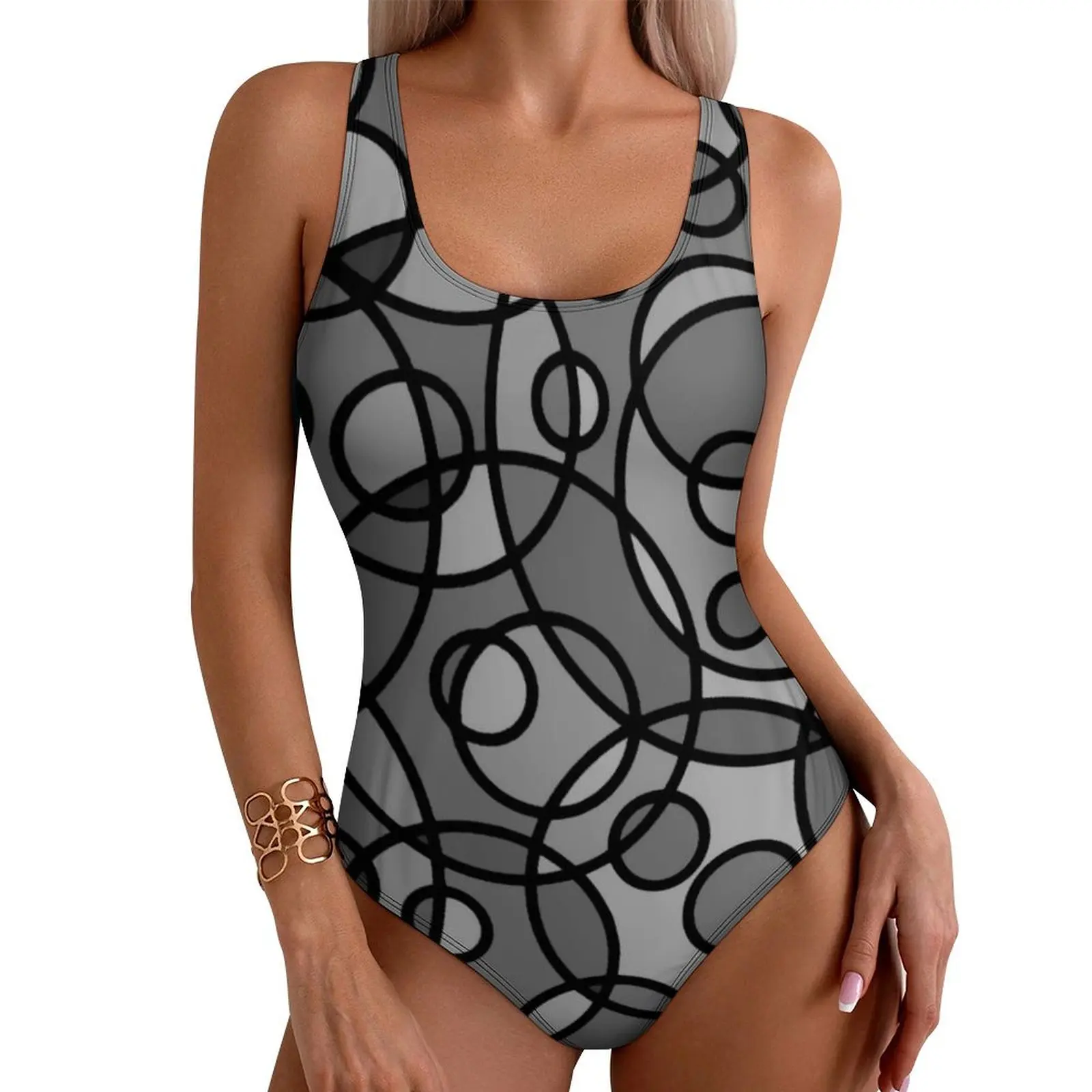 Black Grey Geometric Swimsuit Sexy Retro Circle Print One-Piece Swimwear Push Up Bodysuit Novelty Surfing Bathing Suit