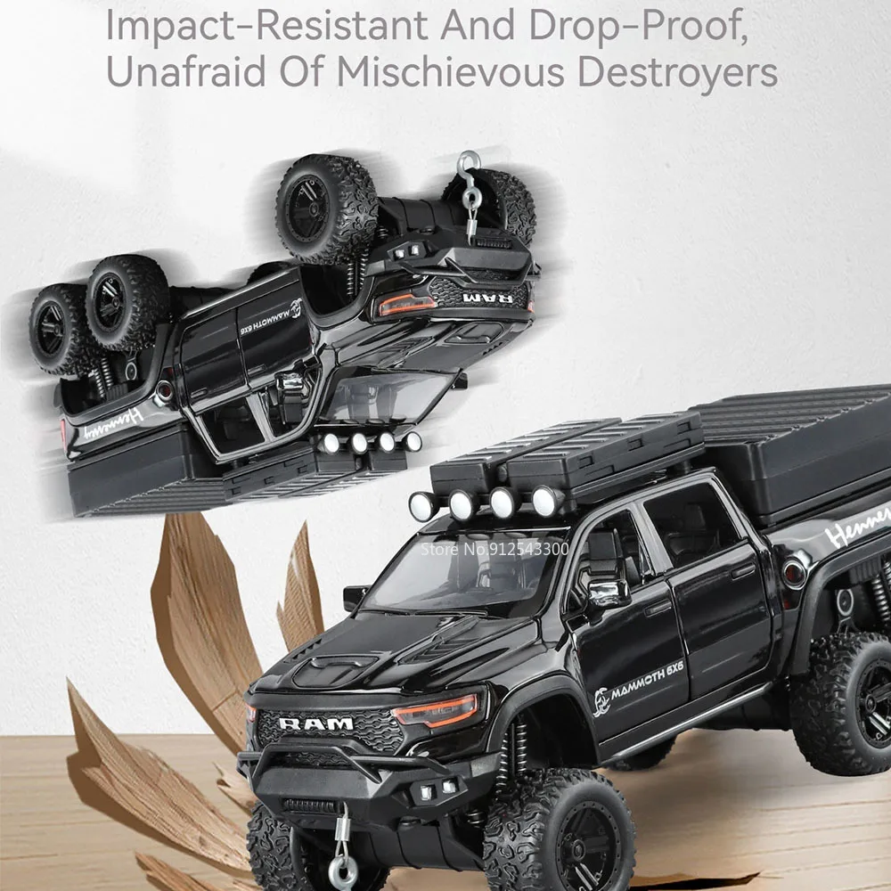 1:32 RAM 1500 TRX Phantom 6x6 modelo de coche de juguete sonido luz tirar hacia atrás absorción de impacto vehículos todoterreno Metal fundido a presión regalos para chico