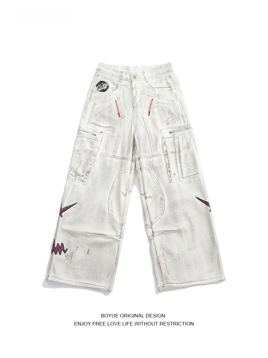 

Джинсы Boyue в американском стиле ретро, свободные широкие длинные брюки с принтом High Street, мужские и женские повседневные универсальные брюки