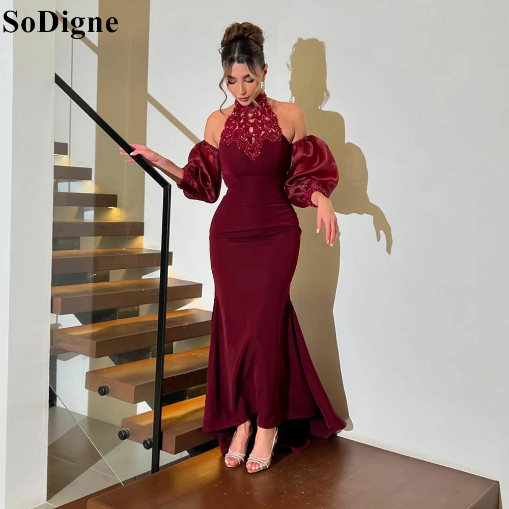 

SoDigne Elegant Burgundy Velvet Evening Dresses High Neck Lace Appliques Mermaid Party Dress Puff Sleeves Prom Gowns Customized