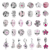 Hot Europeans DIY Making Pink Flower Series Rose in Bloom、Cherry Blossom Dangle Charm Beads Fit Original Silver Bracelet Jewelry