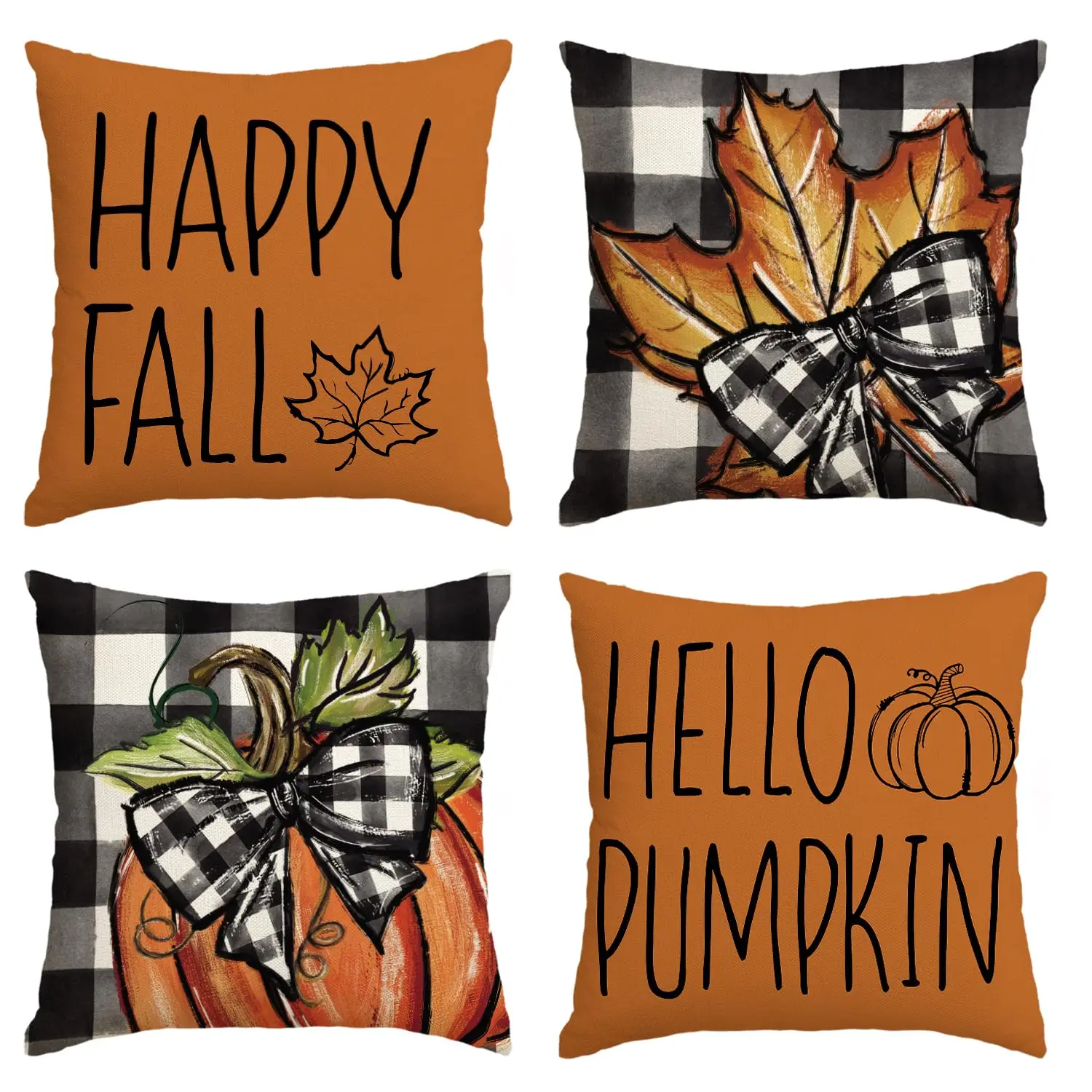 

Happy Fall Hello Pumpkin Throw Pillow Covers,Autumn Thanksgiving Harvest,Buffalo Plaid Maple Leaf Decorations for Sofa, Set of 4