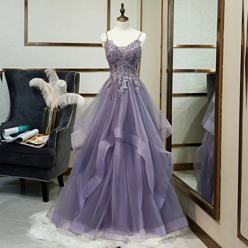 High-End Banquet Evening Dress Female Purple Sling Vocal Music Art Mori Style Colored Mesh Gauze Host