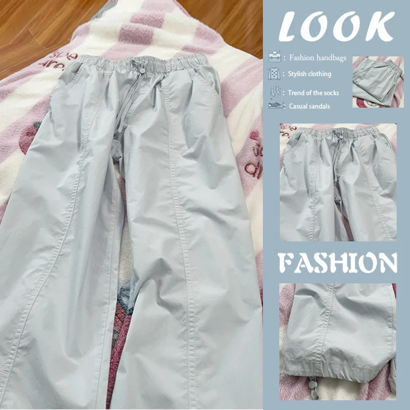 

Retro American Style Drawstring Work Pants Women's Summer High Waist Casual Thin Quick Dry Straight Leg Pants Fashionable