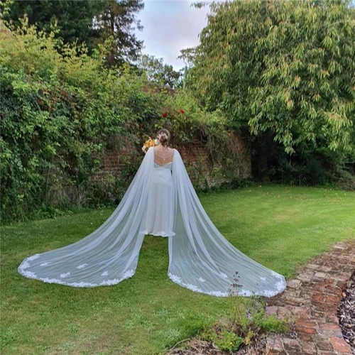 Dos piezas de alas de boda para novia, velos drapeados en los hombros, accesorios, Apliques de encaje para novias, catedral de tul blanco marfil, largo, nuevo