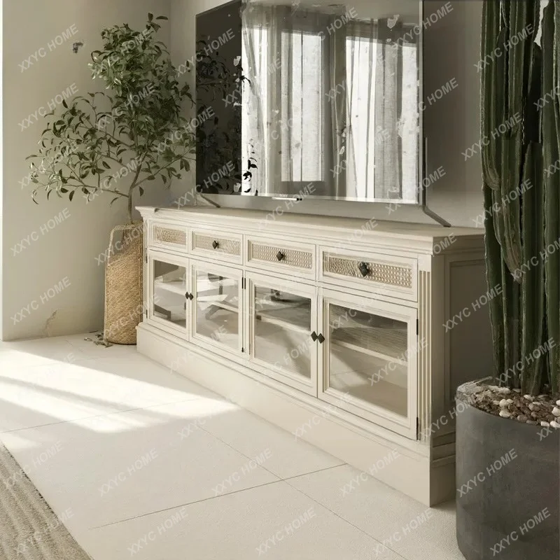 XXsolid wood TV cabinet retro villa living room cream white wall storage floor cabinet