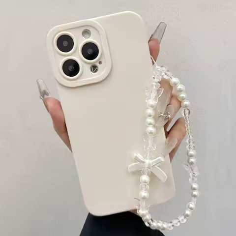 Korean White Pearl Bowknot Lanyard Phone Case For Samsung Galaxy S25 S24 S23 S22 S21 Ultra Plus FE A16 A06 A26 A32 A56 A54 Cover