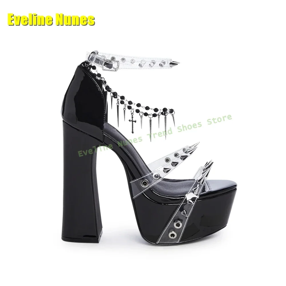 Transparent Band Rivet Spikes Punk Sandals Open Toe Block Heels Platform Metal Chain Decoration Y2K Cosplay Shoes 2025 Summer