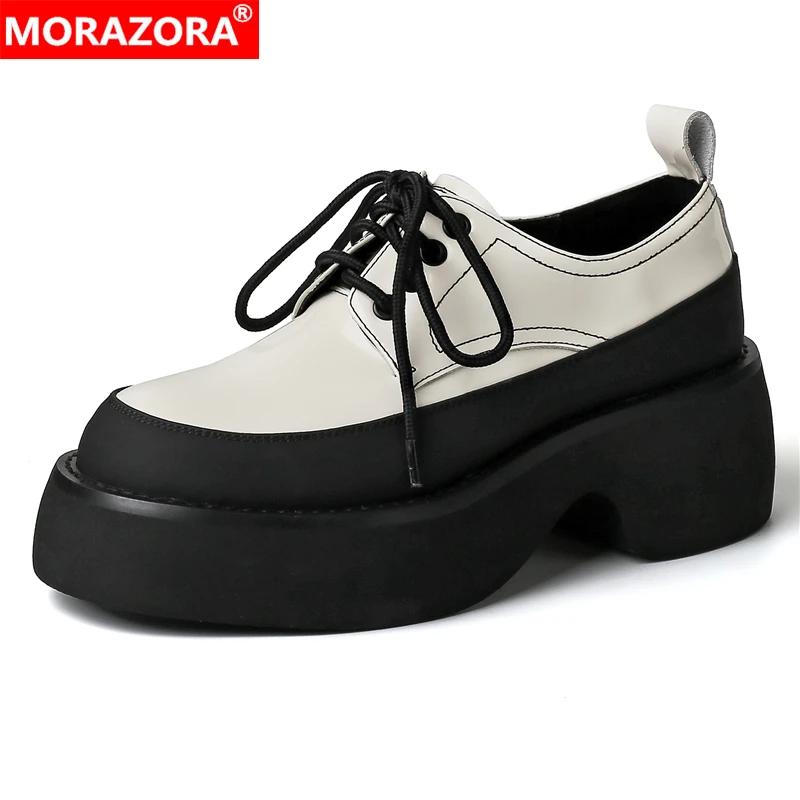 

MORAZORA 2024 New Genuine Leather Shoes Woman Lace Up Platform Shoes Thick Bottom Spring Summer Ladies Shoes Office Dress Pumps