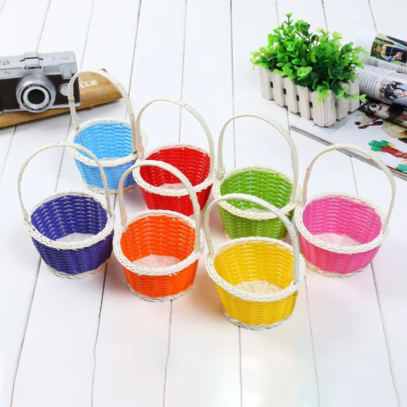 Plastic Rattan Woven Blue Easter Egg Basket Round Storage Basket Home Gift Basket