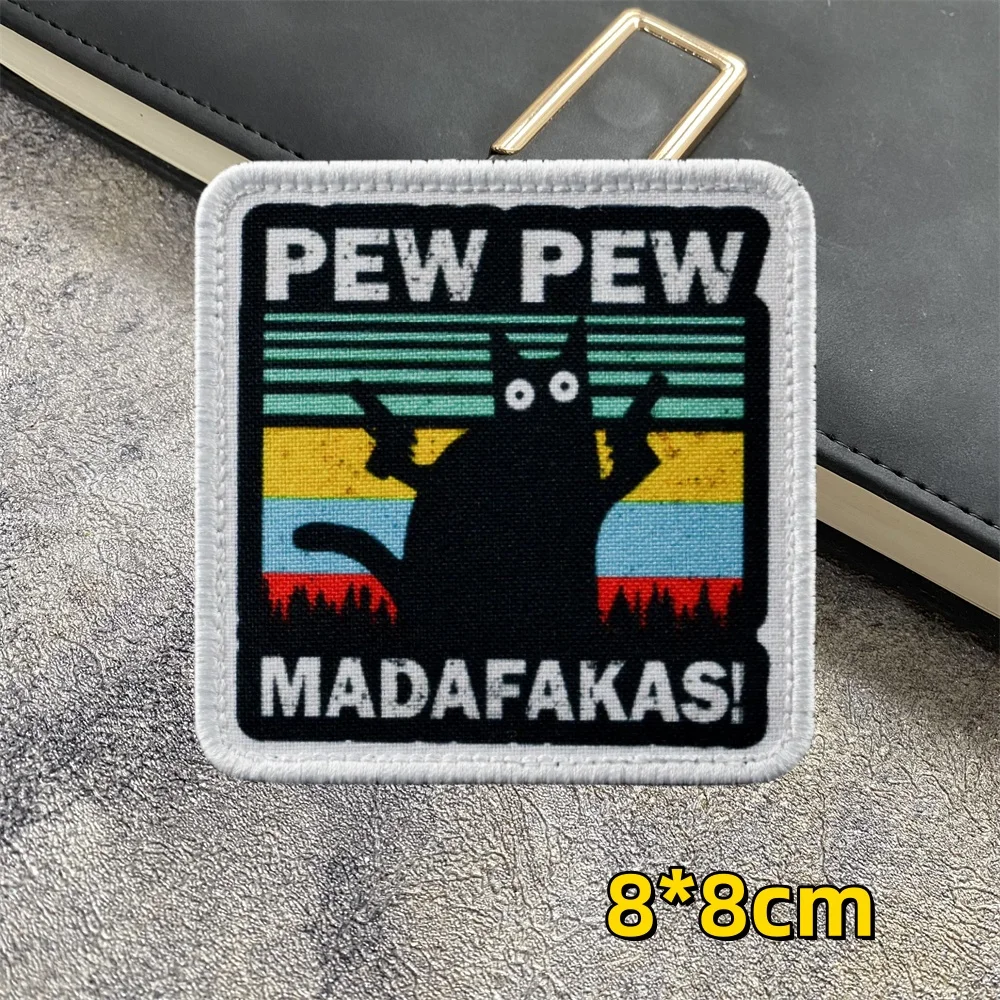 PEW PEW Madafakas AKA Cat Funny Patch Double-gun Black Cat Armband Morale Outdoor Military Fans Backpack Sticker Hook&Loop Badge view 3