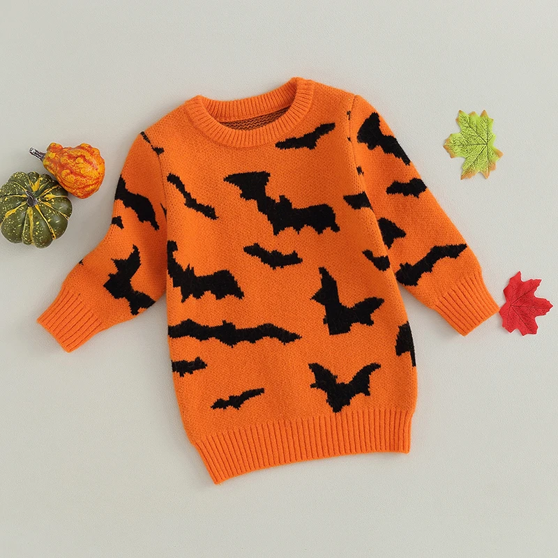 Pull à col rond en tricot confortable pour enfants, pull avec motif de chauve-souris pour Halloween, vêtements d'hiver chauds pour garçons et filles