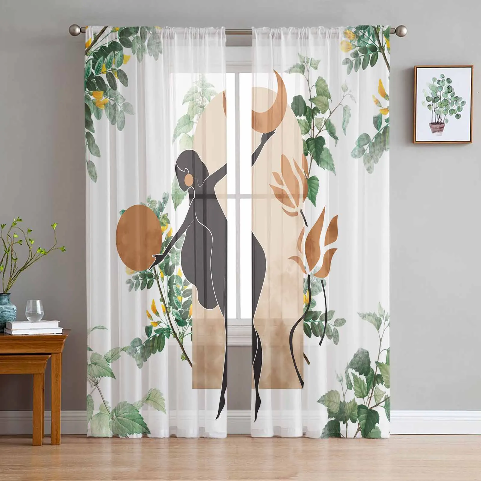 Bohemian Abstract Female Silhouette Leaf Watercolor Sheer Curtain for Living Room Tulle Window Curtain Home Bedroom Voile Drapes