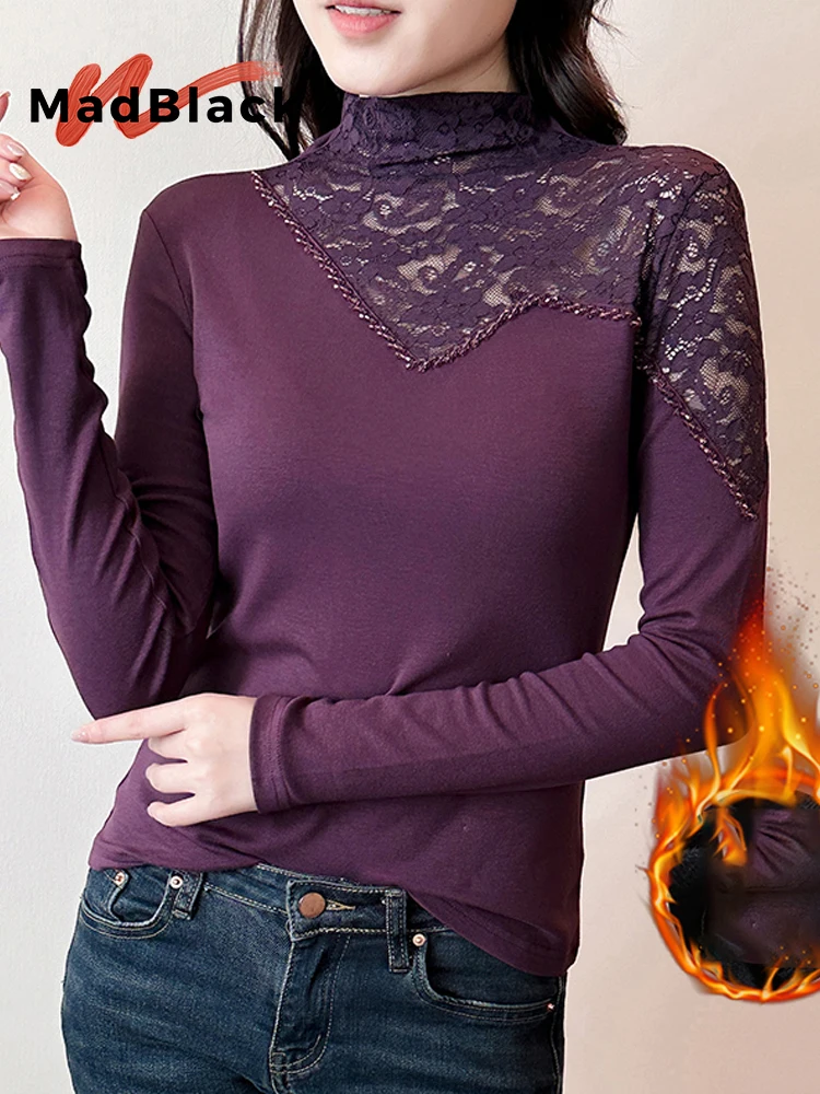 

MadBlack-Women European Brushed T-Shirt, Sexy Mock Neck Lace Beading, Streetwear Long Sleeve Slim S-3XL Tee, 2025 Fall T5O066CC