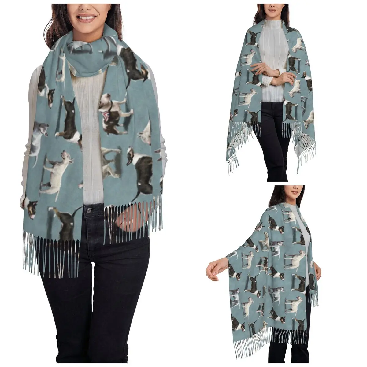 Womens Tassel Scarf The Bull Terrier Dog Large Winter Warm Shawl Wrap Animal Cute Cartoon Daily Wear Cashmere Scarf