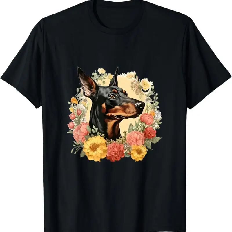 

Doberman Pinscher Dog With Flowers Vintage Floral Border T Shirt