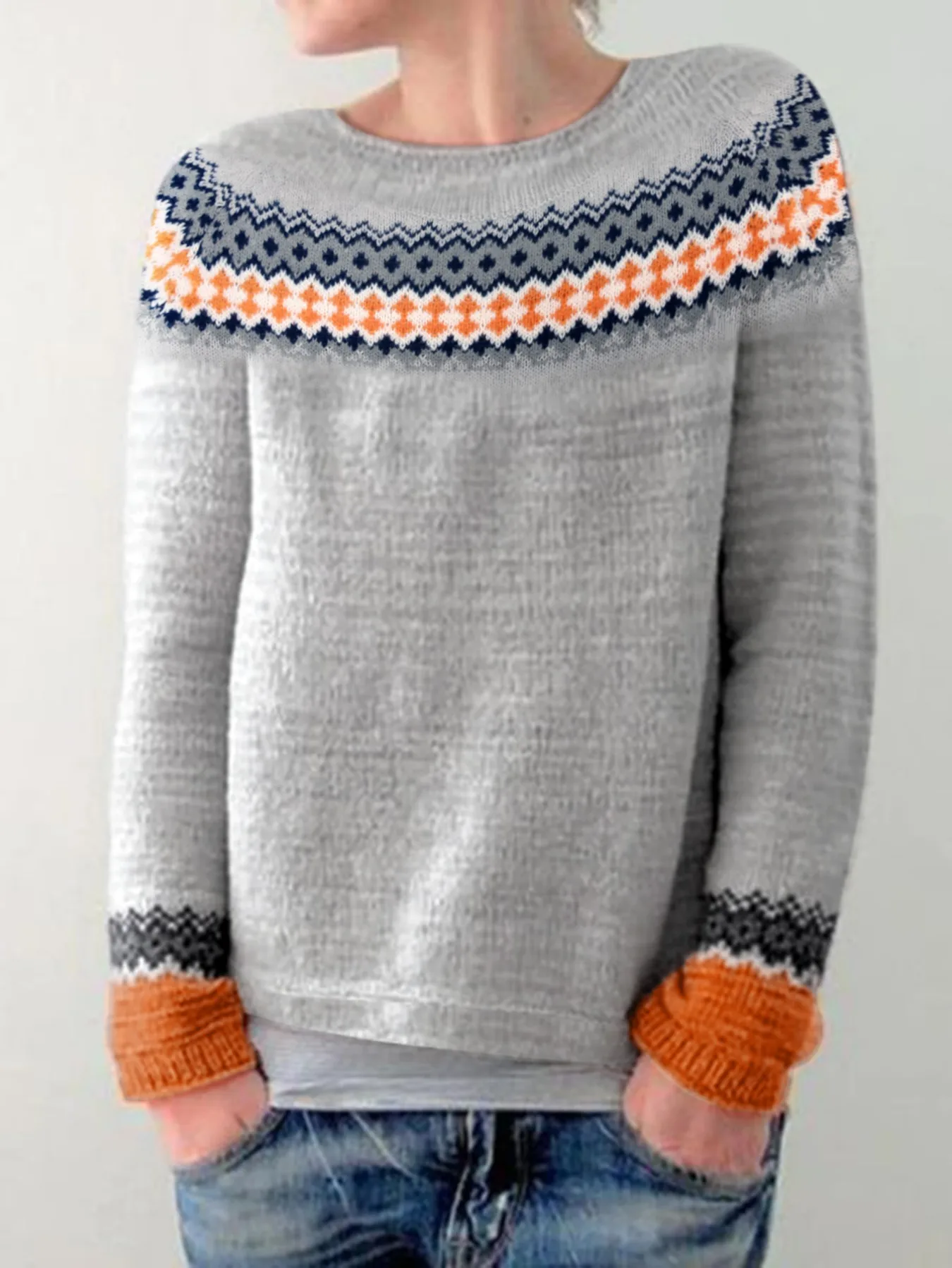 

Women's Gray Nordic Pattern Knit Sweater Crew Neck Casual Long Sleeve Pullover Color-Block Cuffs Knitwear