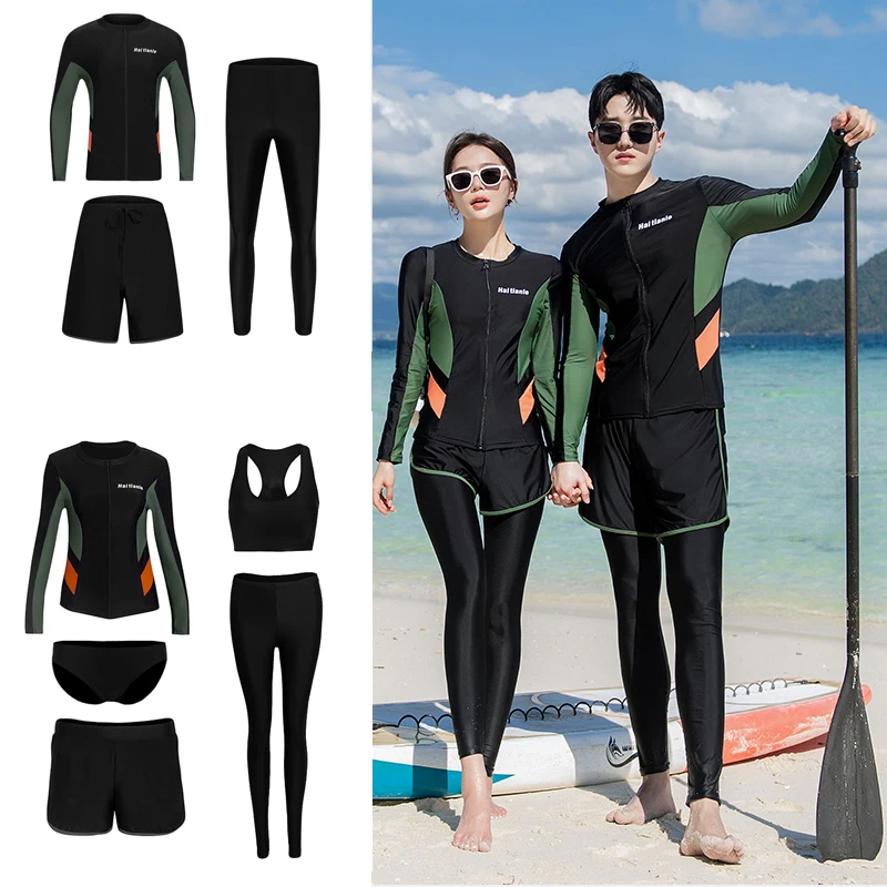 

Men Women Swimsuit Rash Guards Long Sleeve Pant Couple Bathing Suit Patchwork O Neck Surfing Wear Swimwear Basic Dive Skin