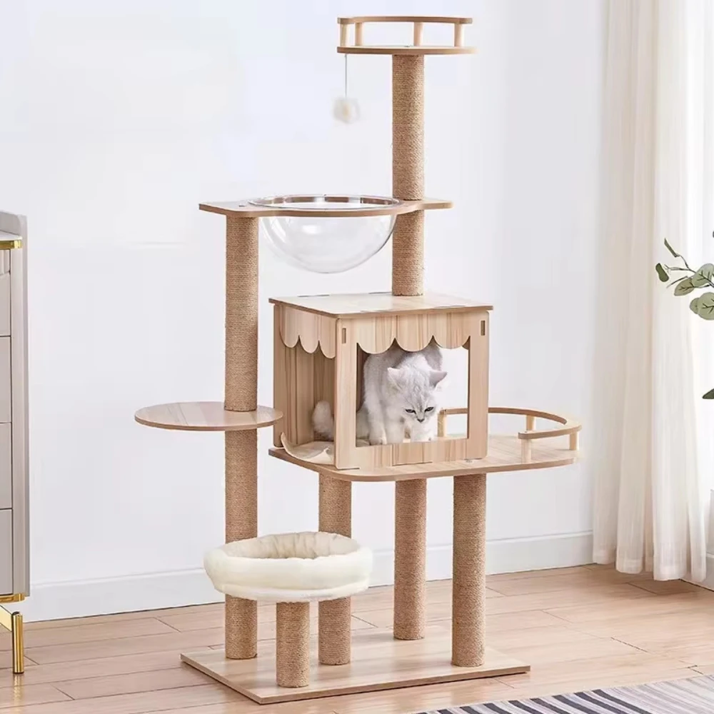 Cat Climbing Frame Wood Nest Scratching Post Sisal Pillar Grinding Paws Jumping Platform Multi-Level Cat Tower Space Saving