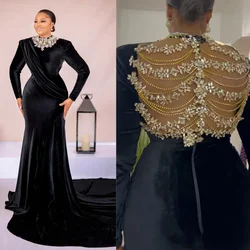 2024 Aso Ebi Prom Dresses Mermaid For Black Women Velvet Evening Dress Long Sleeves Beaded Birthday Dress Second Reception Gowns