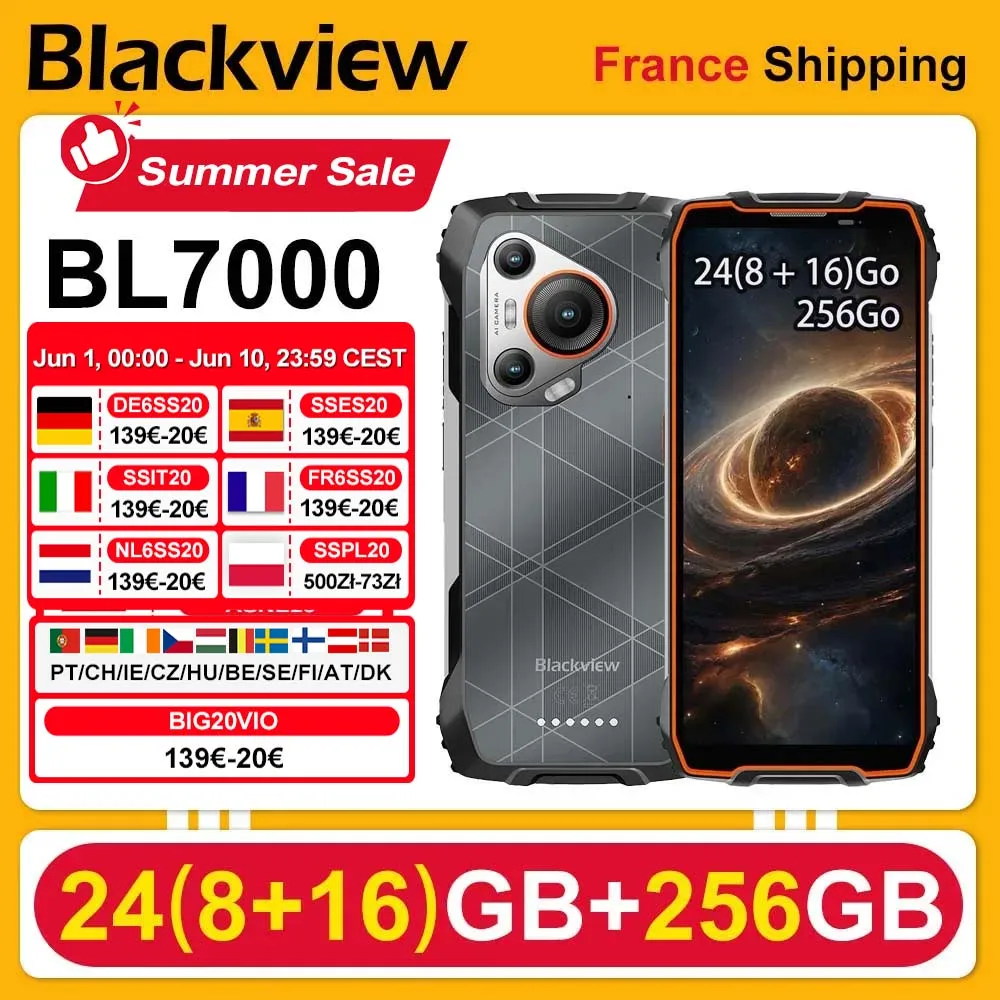 Smartphone robuste Blackview BL7000 5G AI (sans prise EU) Android 15, 24 (8 + 16) Go, 256 Go, écran 6,78 pouces, 120 Hz, batterie 7 500 mAh, 33 W, NFC