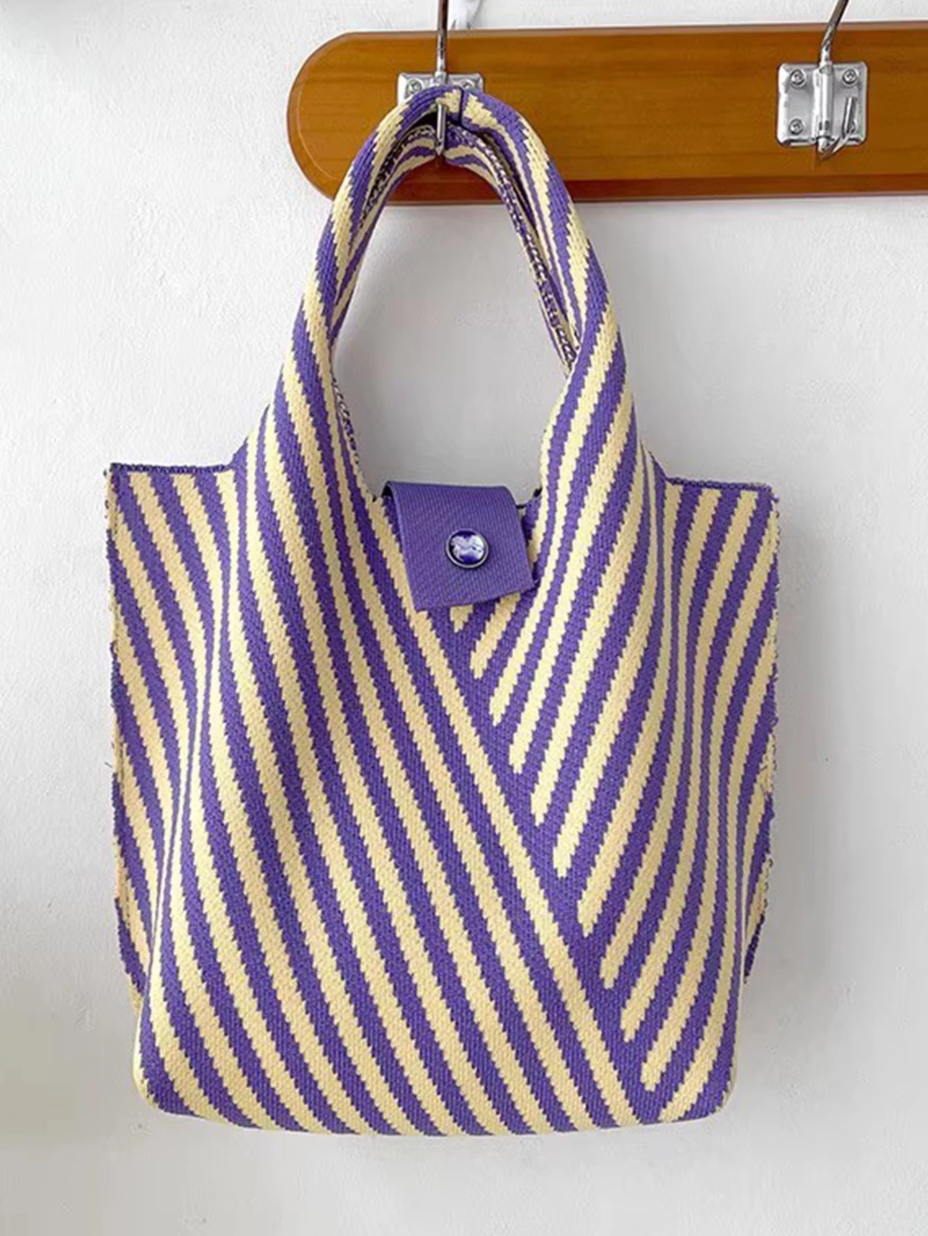 CEZIRA Casual Knitting Polyester Handbags Fashionable Contrast Color Ctripes Purse Women Top-handle Bucket Bags Daily Travel