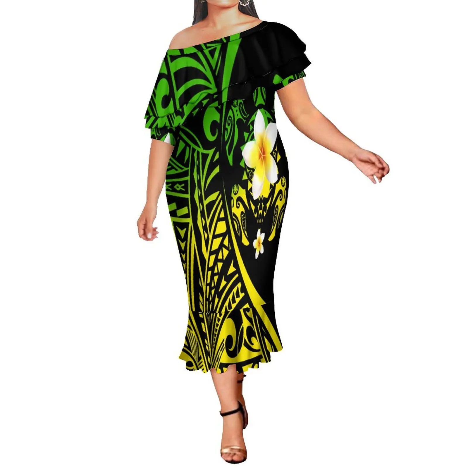 Double Lotus Leaf Slim-Fit Fishtail Skirt Custom Polynesian Fashion Dress Summer Elegant Long Dress Samoan Floral Print