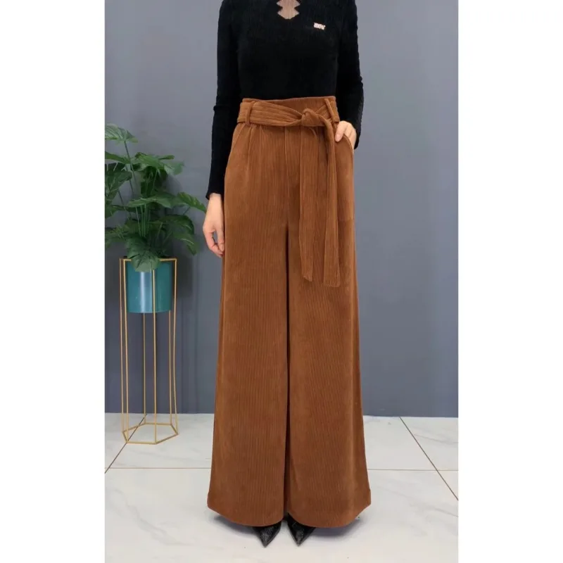 

Autumn Winter Thick Women's Fashion High Waist Patchwork Bandage Pockets Screw Thread Solid Color Loose Casual Wide Leg Pants